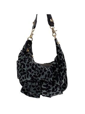 Vintage Betsey Johnson Gray Leopard Big Bow Velour Slouchy Hobo Shoulder Bag